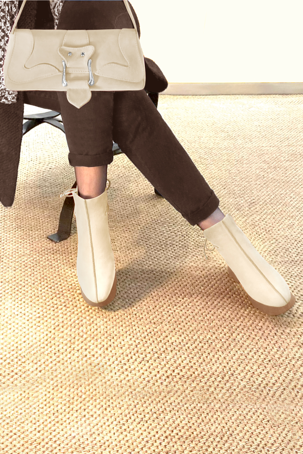 Champagne beige women's ankle boots with laces at the back. Round toe. Low rubber soles. Top view - Florence KOOIJMAN